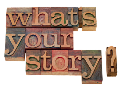 what is your story question in vintage wooden letterpress printing blocks, stained by color inks, isolated on white